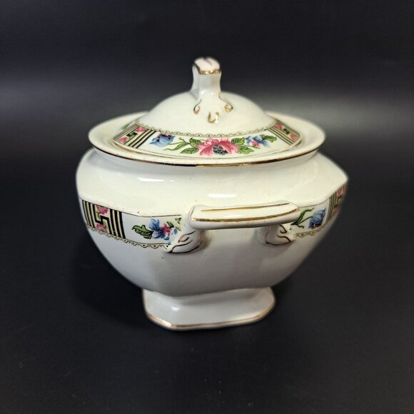 J & G Meakin England SOL Square Covered Sugar Bowl With Gold Trim & Black Pink F - Picture 4 of 16